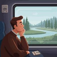 Man Lookig at Nature From Train Window Enjoying Trip vector