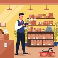 Checking Inventory Using Tablet in Store with Boxes vector