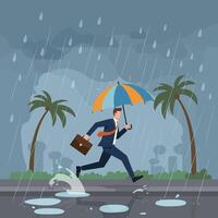 Man Running in Rain with Umbrella and Briefcase vector
