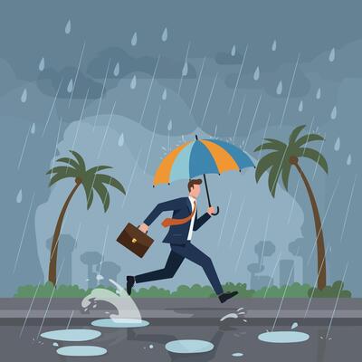 Man Running in Rain with Umbrella and Briefcase