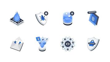 Isometric Cybersecurity and Data Protection Icons. Authentication, Spyware, Antivirus, Phishing, Password, Data Encryption, Malware, Firewall for Web, App UI, Infographics, Animation. vector