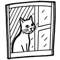 a black and white drawing of a cat looking out the window. vector
