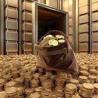 A Brown Sack Overflowing With Golden Coins In A Vault photo
