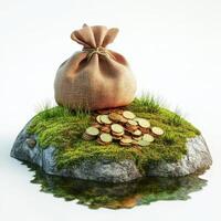 Burlap Sack of Gold Coins on Mossy Rock Island photo