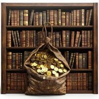 A burlap sack filled with gold coins sits before a wooden bookshelf of antique books photo