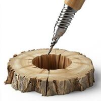 Wood drill bit bores a hole into tree trunk cross section photo