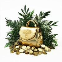 Golden Handbag Surrounded by Lush Greenery and Coins photo
