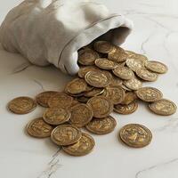 A burlap sack spills golden coins onto marble photo