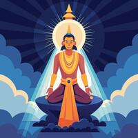 the buddha is sitting on a rock with a light shining above him vector
