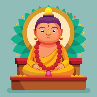 cartoon buddha sitting on a wooden platform
