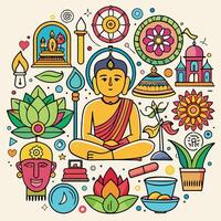 buddha and other symbols in a circle vector