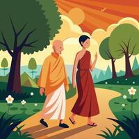two monks walking in the forest with trees and flowers vector