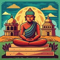 buddha in meditation with temple and city background vector