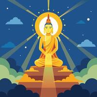 the buddha is sitting on a mountain with the sun shining down on him vector