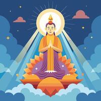 the buddha is sitting on a cloud with the sun behind him vector