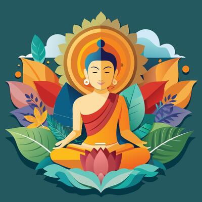 buddha in lotus position with flowers and leaves