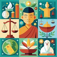buddha and other symbols in a flat design. vector