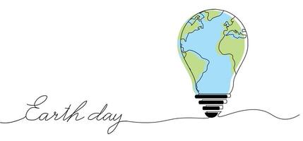 earth day text lettering typography with light bulb inside world map globe earth symbol sign, One continuous line drawing for Poster, banner, background with lettering, Editable stroke, Doodle outline vector