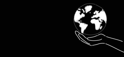open hand holding white black globe earth on black background with copyspace,Earth Holding Dark Background, Planet Earth, Globe Symbol,Monochrome Globe empty space, Globe Concept whitespace vector
