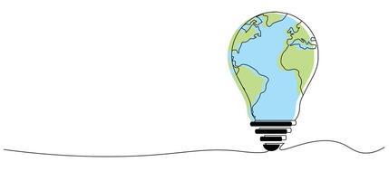 light bulb with world map earth symbol sign, One continuous line drawing with copyspace background, Editable stroke, Doodle outline, Global Design Geographical Illustration Concept vector