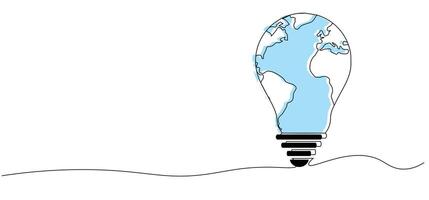 light bulb with world map earth symbol sign, One continuous line drawing with copyspace background, Editable stroke, Doodle outline, Global Design Geographical Illustration Concept Art vector