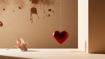 A red heart hangs from a string on a table beside a flower photo