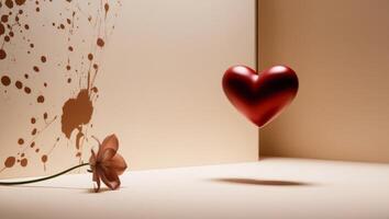 Red Heart Resting on Table Beside Flower photo