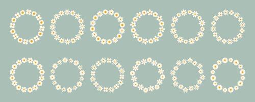 Groovy flower circle frame big set. Floral simple circle frame. Hand drawn botanical round border, laurel, wreath with flowers illustration for wedding invitation, card, logo vector