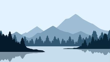 Landscape of mountain lake scenery. Panoramic view of mountain and pine forest with serene lake. Tranquil landscape with coniferous trees and mountain reflection on the water vector