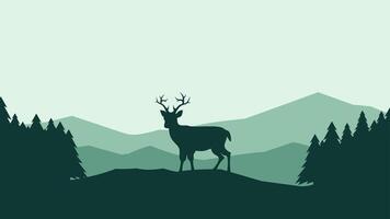 Wildlife landscape of deer silhouette on a mountain ridge scenery. Panoramic view of deer on a hill with coniferous tree. Scenic landscape with deer in the pine forest vector