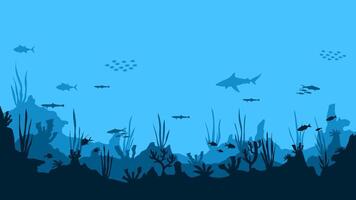 Underwater landscape of fishes and coral reefs scenery. Panoramic view of tropical fish and a shark in aquatic environment. Marine life with sea animal and nautical vegetation vector