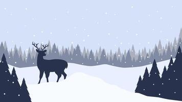 Wildlife landscape of reindeer in a winter scenery. Panoramic view of reindeer on a snowy hill with coniferous trees. Scenic landscape with reindeer on a cold season vector