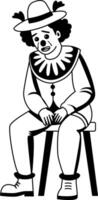 A glyph illustration of a sad clown sitting on a wooden stool vector