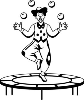 A glyph illustration of a circus character doing juggling and trampoline jump at a time vector
