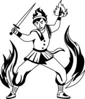 A glyph illustration of a circus character showing his trick with sword and fire vector