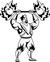 Strongman lifting fire dumbbells illustration in glyph style vector