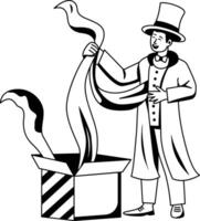 A glyph illustration of a magician character showing magic trick with a box vector