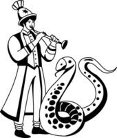 A glyph illustration of a snake charmer playing flute in front of a snake vector