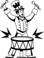 A glyph illustration of a circus drummer beating drum with sticks vector