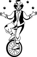 A glyph illustration of a clown juggling balls on a single wheel bicycle vector