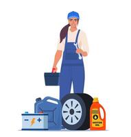 Woman mechanic with a toolbox. Girl character in uniform with wrench in her hand. Auto service accessories composition with tool kit, gasoline canister and battery vector
