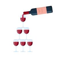 Wine glasses pyramid. Red wine, cocktail tower. Postcard for web and print. Party invitation with glass tower line art illustration. vector