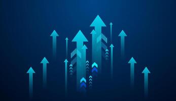 growing up arrows on gradient blue background. and Group of upward arrows against a dark blue background represents growth, progress, and bullish market vector