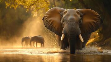 Majestic Elephant Wading Through River at Sunrise in Golden Light photo