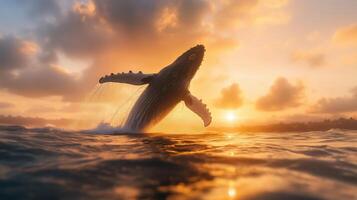 Humpback Whale Breaching at Sunset Over Ocean Surface Waters photo