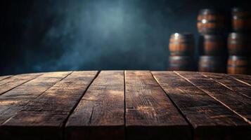 Rustic wooden table surrounded by barrels atmospheric setting for product presentation photo