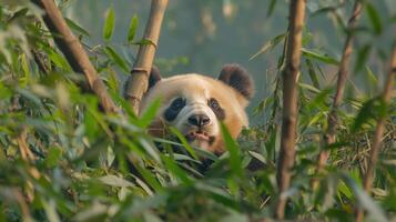 Panda peeking through bamboo nature reserve wildlife forest photo