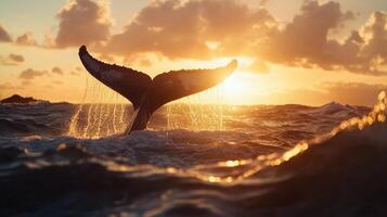 Whale tail splashing at sunset ocean nature serene view photo