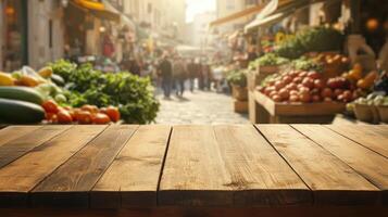Market scene with wooden table street daylight perspective for product presentation photo