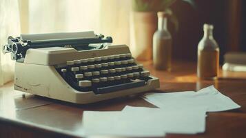 Vintage Typewriter on Old Oak Desk with Crumpled Paper Shadows photo